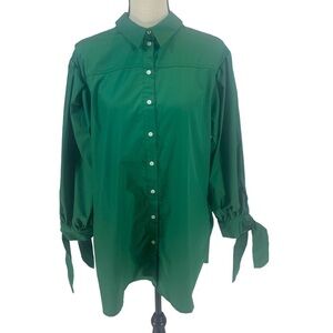 Top Shop Long Sleeve Collared Button Up Tie Cuff Tie Back Blouse - Green - 10